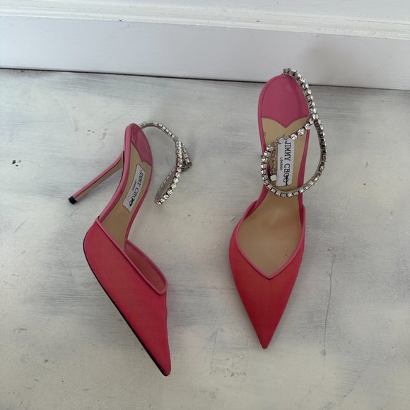 Jimmy Choo Saeda 100 Pointed Toe Mesh Pumps Pink Crystal Embellished Ankle Strap - Picture 4 of 9